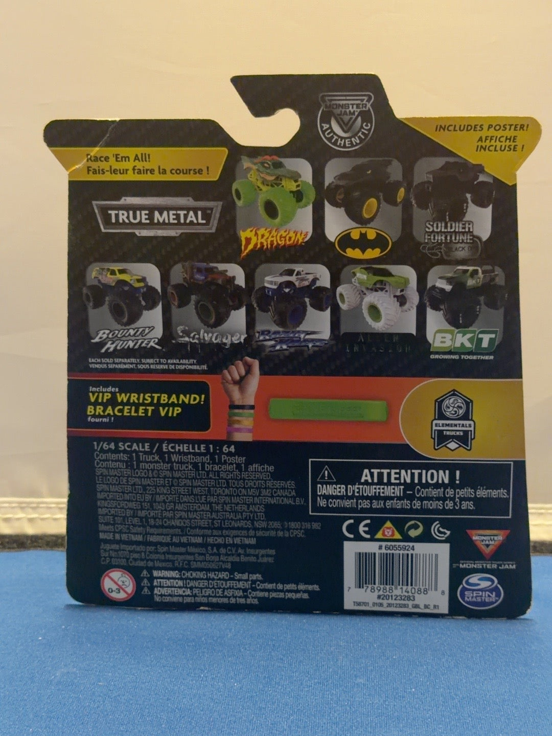 Grave Digger Elementals Series 11 package back showing VIP wristband and model 20123283