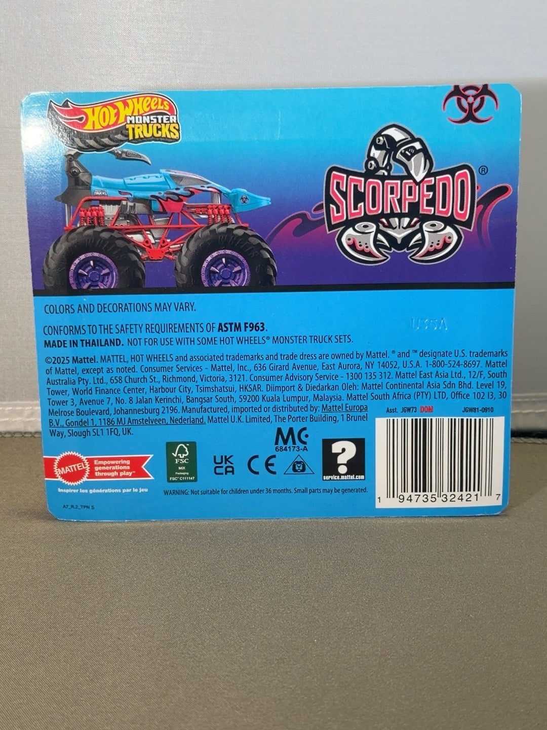 Original back photograph of Hot Wheels Monster Trucks Scorpedo packaging
