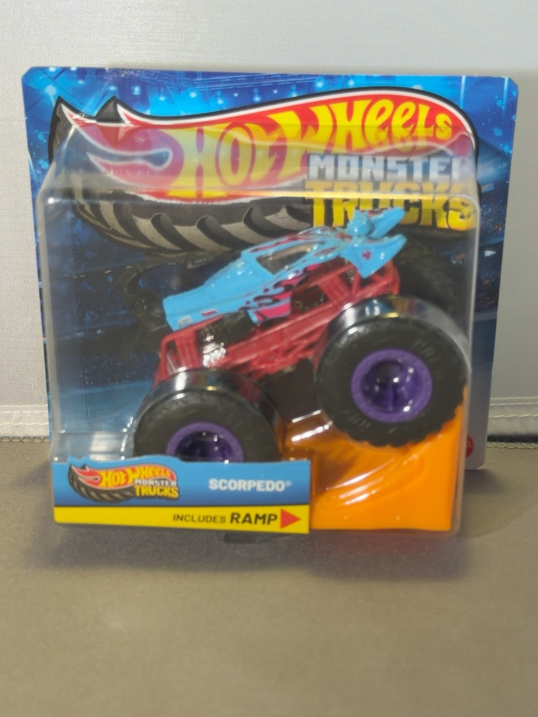 Original front photograph of sealed Hot Wheels Monster Trucks Scorpedo with ramp