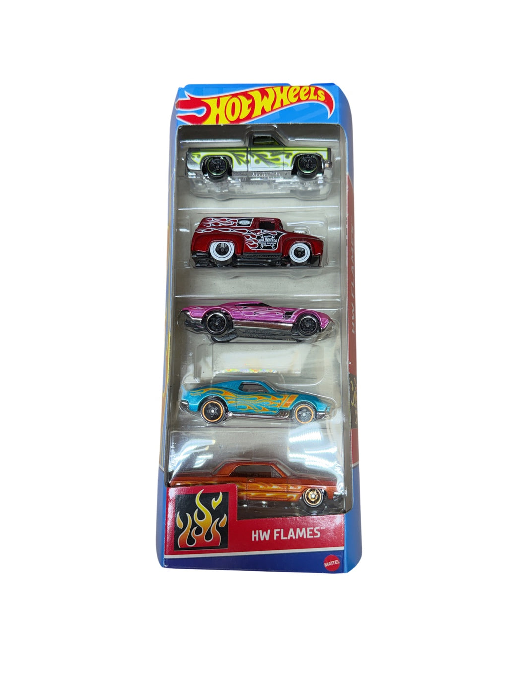 Front of 2024 Hot Wheels HW Flames five-pack with Silverado and Impala