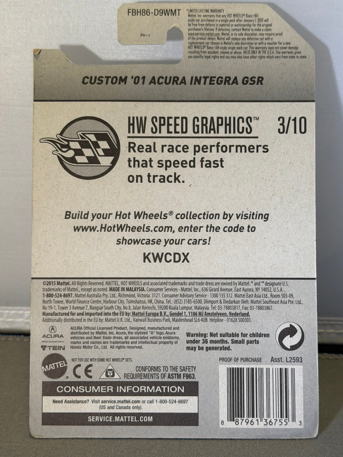 2017 Hot Wheels Custom '01 Acura Integra GSR ZAMAC 005 TEIN FBH86 — original product photo 2