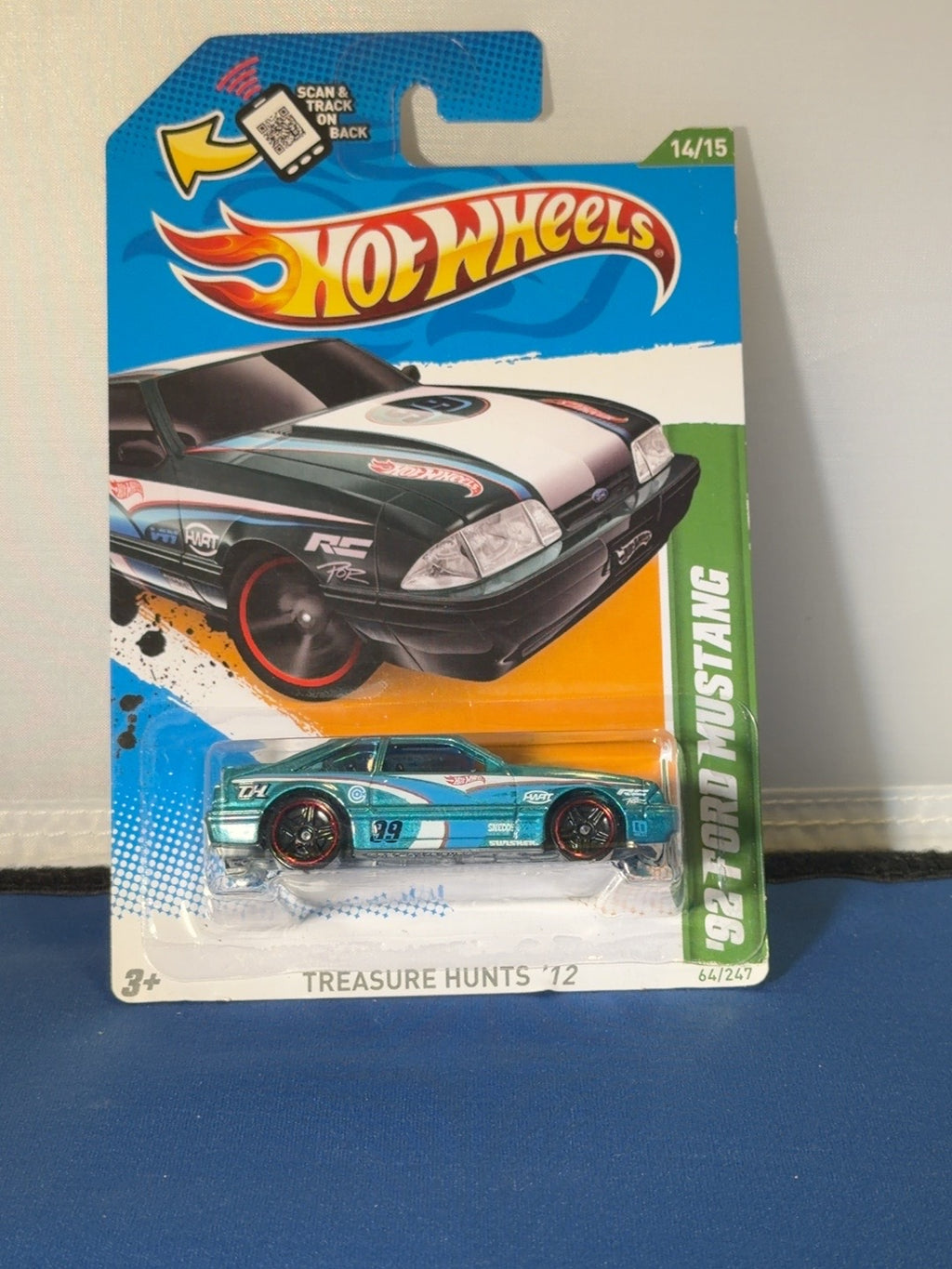 2012 Hot Wheels 92 Ford Mustang Treasure Hunt turquoise front card