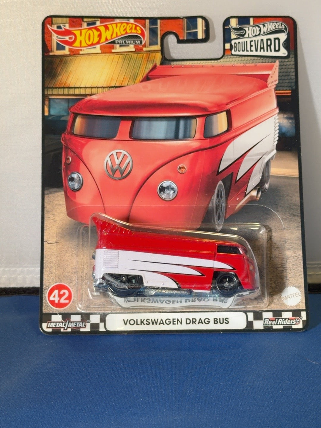 Front of Hot Wheels Boulevard 42 Volkswagen Drag Bus sealed card