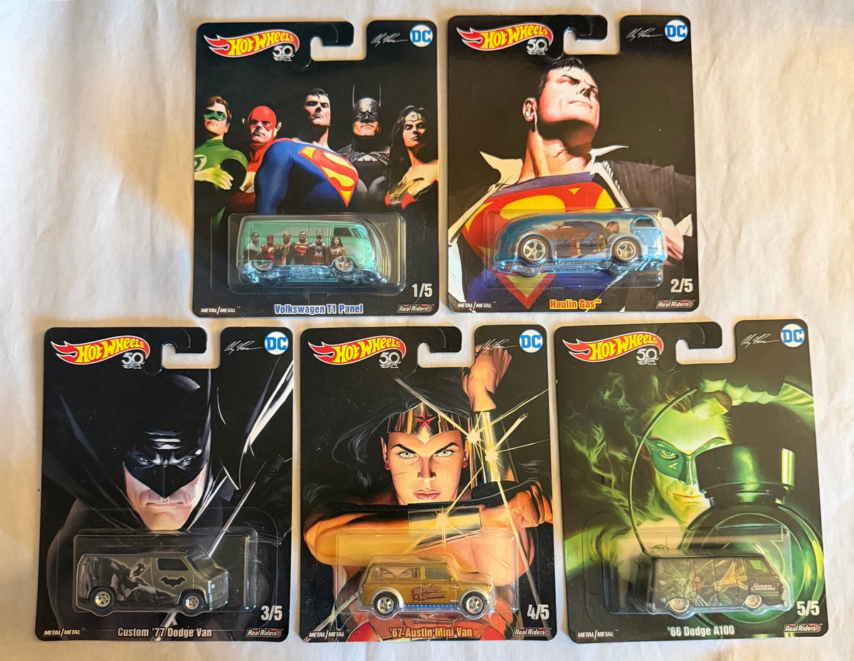 Complete five-car DC Alex Ross Hot Wheels set correctly framed
