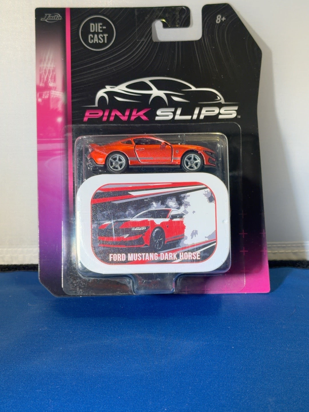 Jada Pink Slips orange red Ford Mustang Dark Horse collector tin front original photo