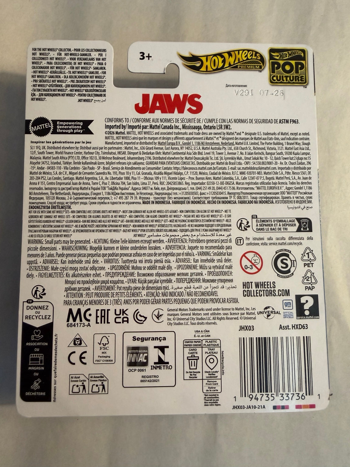 Back of sealed Hot Wheels Premium Jaws Chevy Blazer Custom JHX03