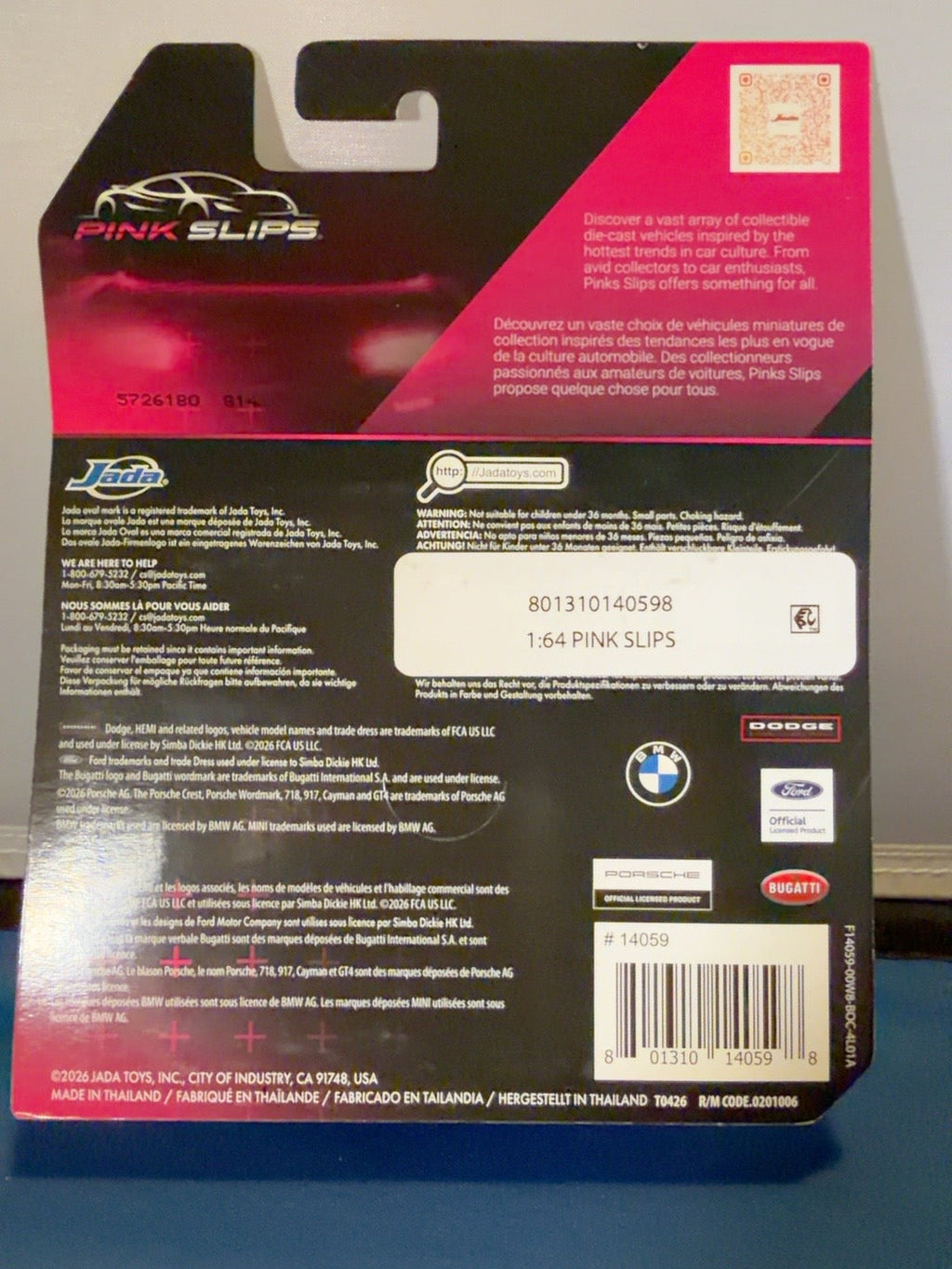 Back of restocked sealed Jada Pink Slips Porsche 917 KH packaging