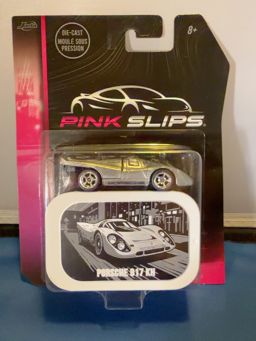 Front of restocked sealed Jada Pink Slips Porsche 917 KH with collector tin